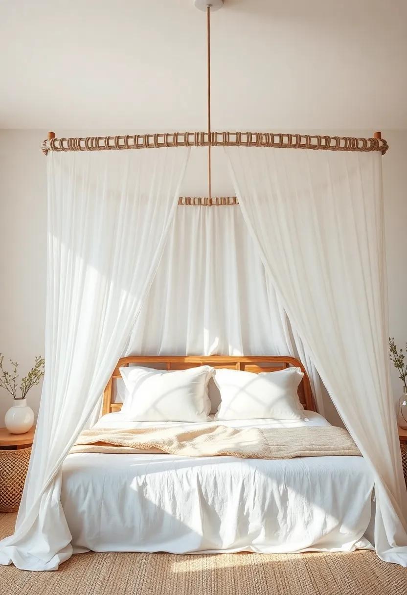 Embrace natural textures ⁢with a soft, woven canopy bed draped in ‍sheer white⁢ fabric, allowing light​ to filter ‍through and create‌ a serene‌ atmosphere