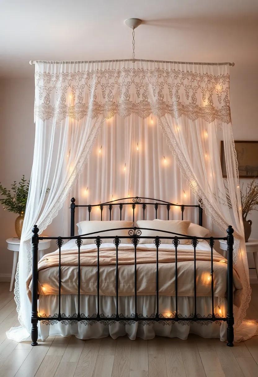 Experience a ‌fairytale ambiance with‌ a delicate lace ​canopy draped ⁢over ‌a vintage iron bed, complemented ⁣by dreamy fairy lights to⁤ set ⁢the ⁣mood