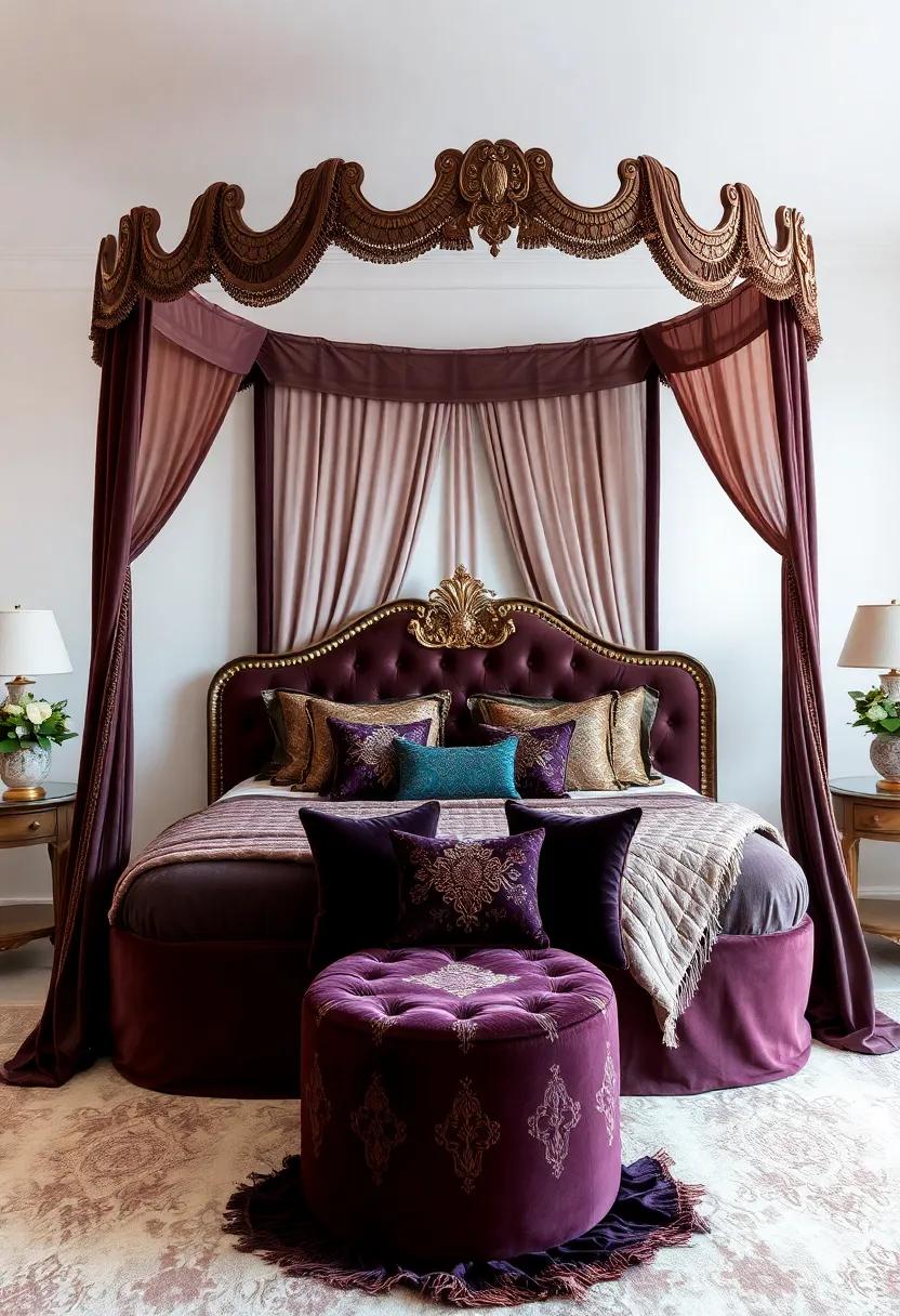 indulge in opulence with a‍ velvet ⁤canopy ​bed featuring ⁤rich, deep hues ⁣and‌ ornate details, perfectly paired with luxurious cushions and glimmering gold accents
