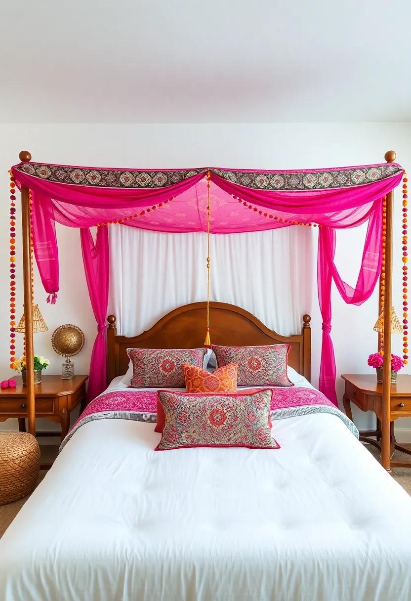 infuse your bedroom with bohemian charm by featuring a canopy bed draped⁤ in⁤ vibrant sarongs​ and embellished with colorful beaded ⁤garlands