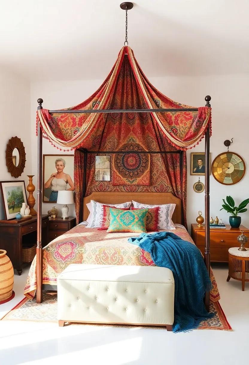 Merge eclectic styles with a ⁢bright, patterned canopy bed surrounded by​ a mix of vintage artifacts and modern art, creating an inspiring and personalized retreat