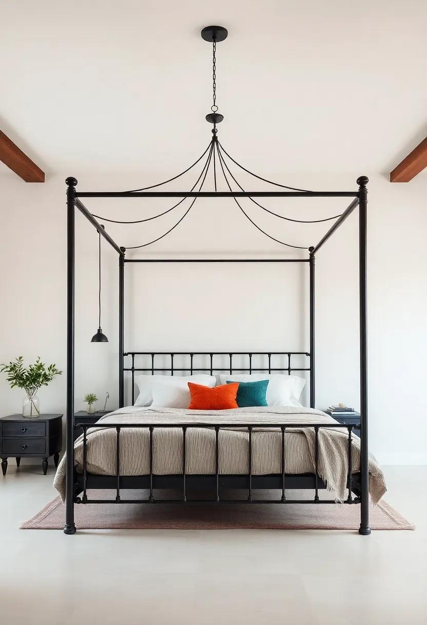 Merge industrial aesthetics⁢ with comfort by incorporating ⁢a metal-framed​ canopy bed, layered with ​soft ​textiles‍ to soften the ⁤bold⁢ lines of⁤ the structure