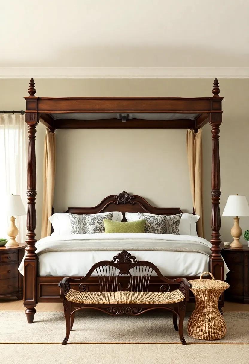 Reimagine⁢ vintage elegance ‌with⁣ a classic canopied four-poster‍ bed featuring carved⁣ wood details, complemented ⁤by antique ‌furnishings that tell ⁢a story