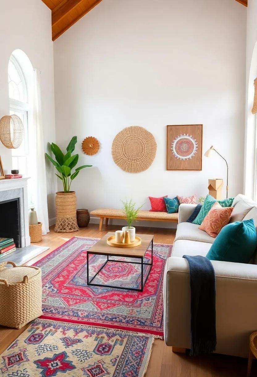 Introduce vibrant textiles by layering patterned rugs for a cozy, multi-dimensional look