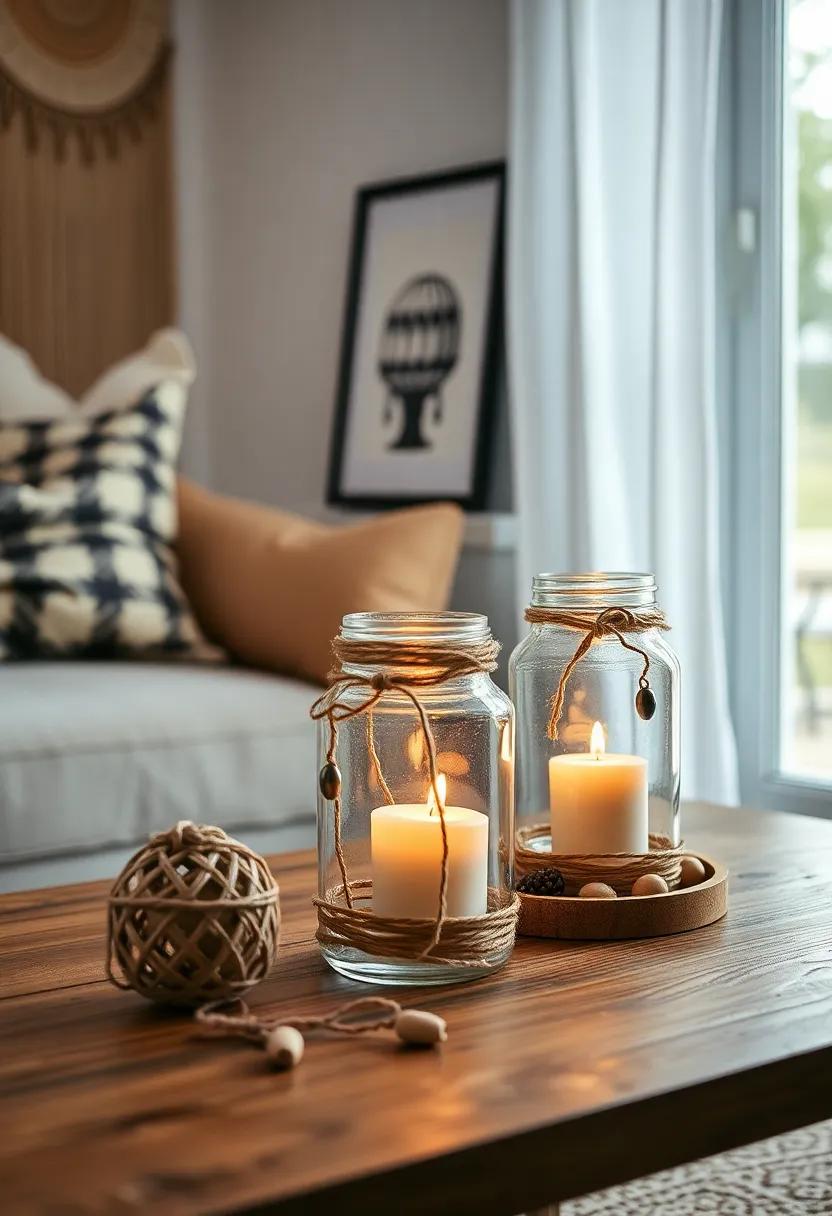 Repurpose old jars as candle holders, decorating them with twine and beads for a boho flair