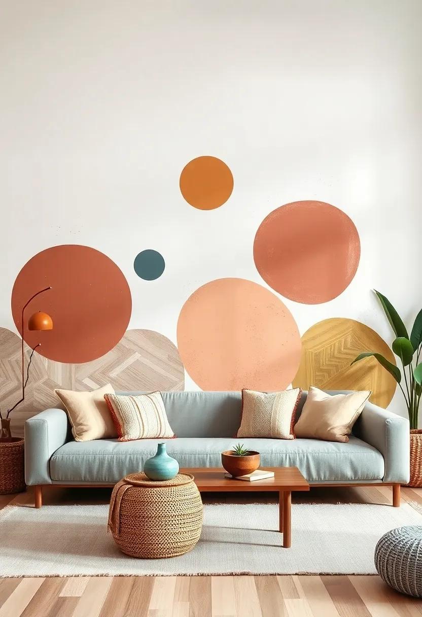 Paint an oversized mural with abstract shapes and earthy tones to serve as a stunning focal point