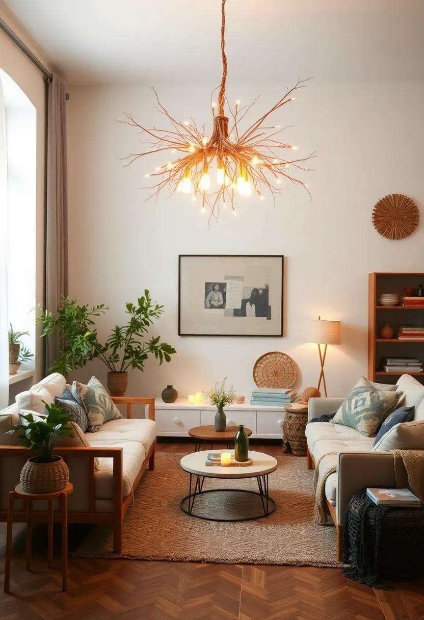 Fashion a statement chandelier from twigs and fairy lights, adding a whimsical glow to the room