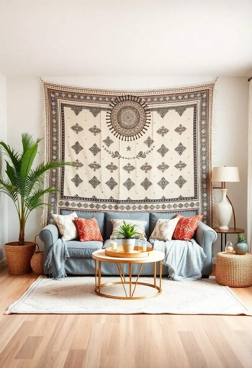 Incorporate a stunning tapestry that doubles as a room divider, offering privacy and visual interest