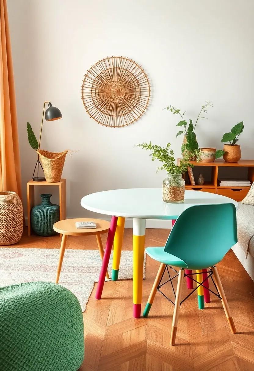 Use color-dipped furniture legs to breathe new life into old tables and chairs, embodying playful bohemian vibes