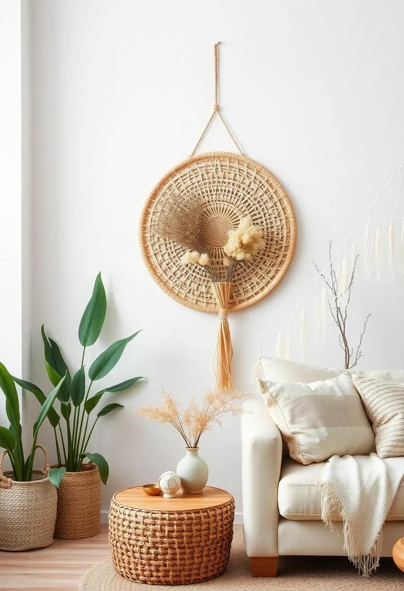 Set up a woven wall basket display filled with dried flowers for a natural and organic feel