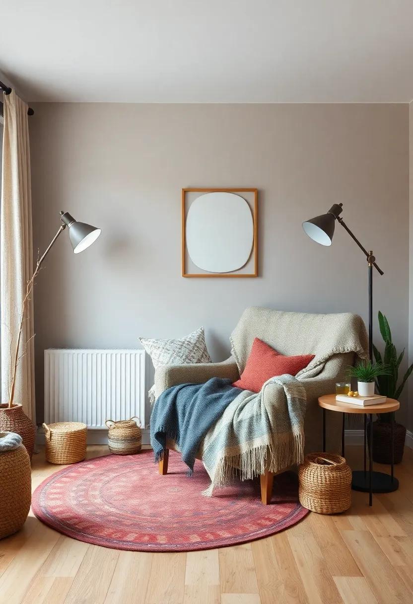 Create a cozy reading nook with a vintage armchair, layered throws, and a stylish floor lamp