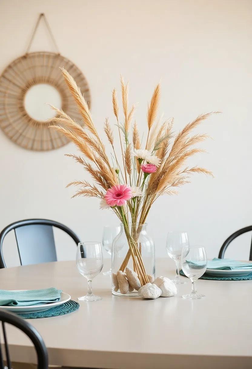 Earthy Centerpieces: Create stunning centerpieces using fresh flowers, dried grasses, or even unique stones and crystals for a natural, organic feel