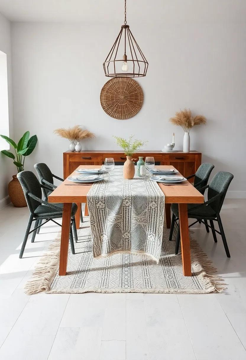 Use Textured Table Linens: Opt for textured tablecloths or runners in natural fibers to enhance the boho vibe and add an artistic touch to your dining experience