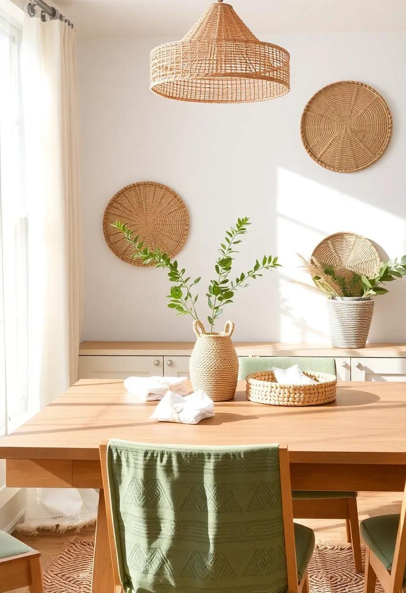 Woven Baskets for Storage: Use decorative woven baskets to store items like table linens or extras, keeping your space tidy while enhancing the bohemian aesthetic