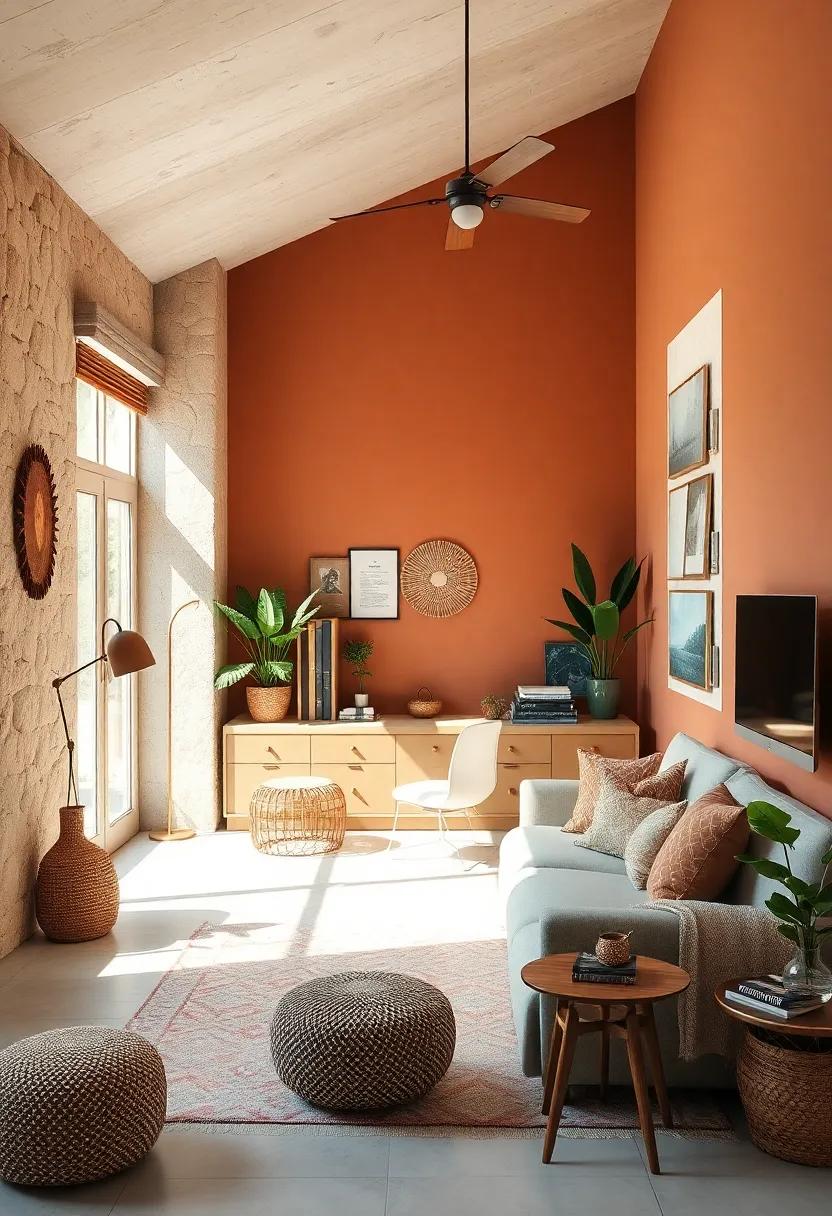 Embrace a Warm color Palette: choose earth tones like terracotta, olive green, and soft beige to create a calming atmosphere that invites creativity