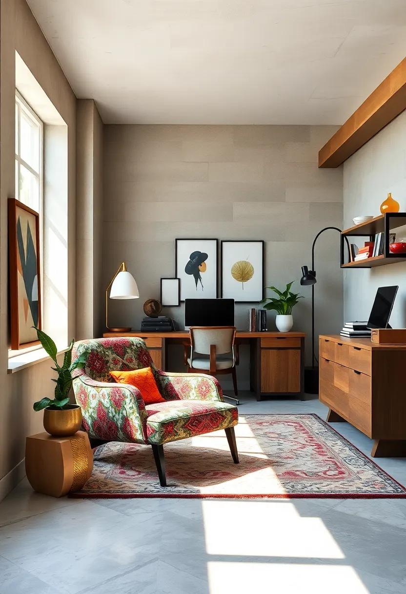 Integrate a Statement Chair: Find a bold accent chair in a vibrant print to serve as a stylish focal point in your office design