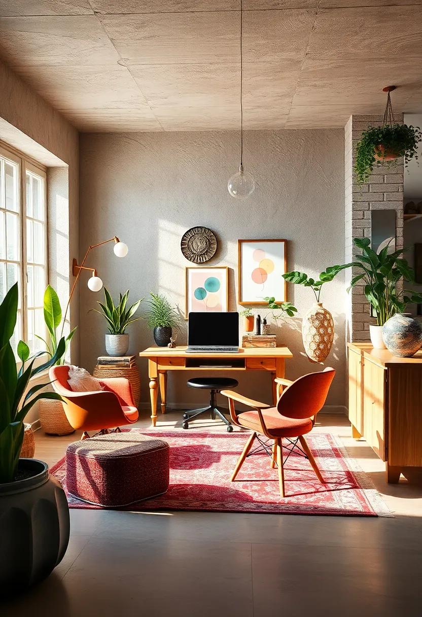 Use Unique Furniture Pieces: Opt for eclectic furniture, such as a vintage desk or mismatched chairs, to infuse character and nostalgia into your workspace