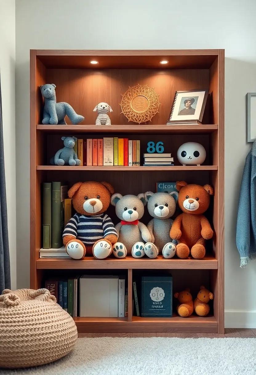 Cozy reading Nook: Designate ⁢an‌ area‍ for reading with plush toys seated on a bookshelf,⁤ inviting little readers ‌into fictional adventures