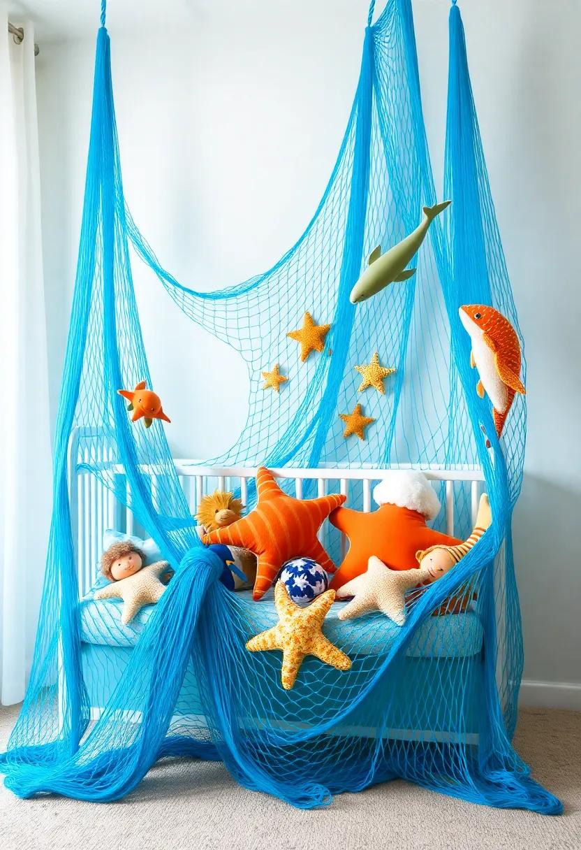Underwater Wonderland: Dive into a marine-themed‌ nursery‌ where plush sea creatures are thoughtfully arranged in⁣ vibrant blue nets, turning the room into‍ an‌ ocean escape