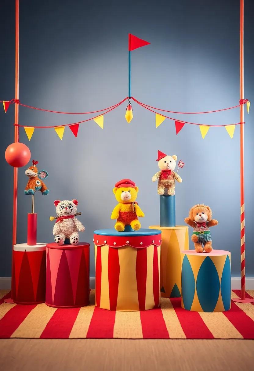 Circus ⁣Spectacle:⁢ Set ‍up a lively circus⁣ theme with vibrant ​plush toys‌ performing stunts atop colorful⁢ stands, adding⁢ a playful carnival flair