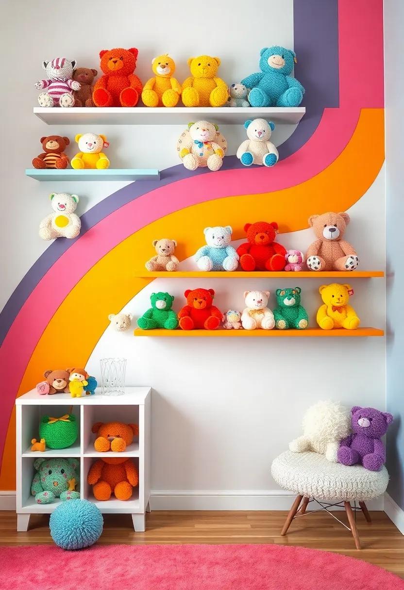 Colorful Creatures: Inspire​ creativity with a rainbow of plush toys arranged ​by color ⁢on a series‍ of rainbow shelves,brightening up any corner