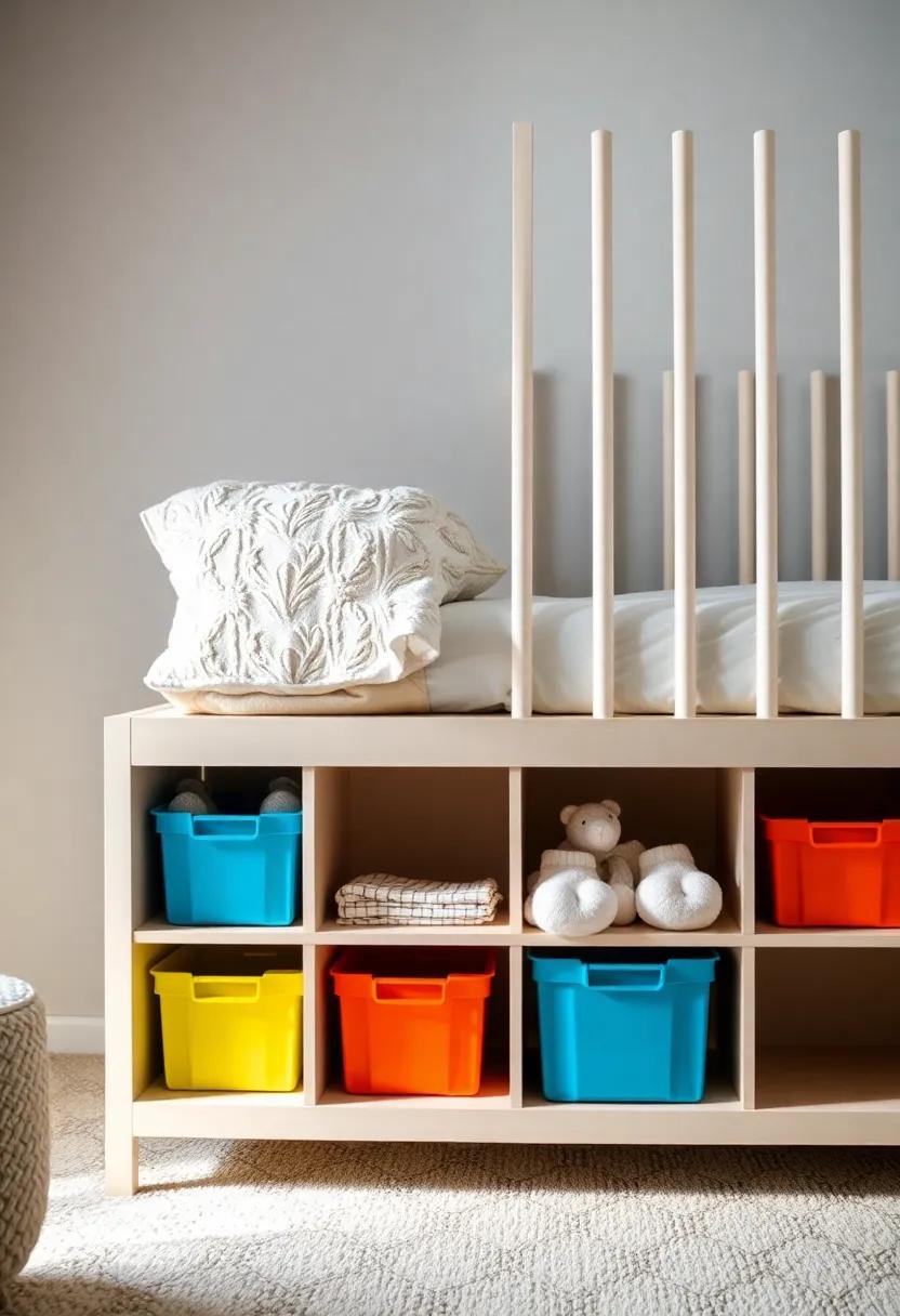 Create a DIY under-crib cubby unit with colorful bins that can be labeled for easy organization of clothes and supplies