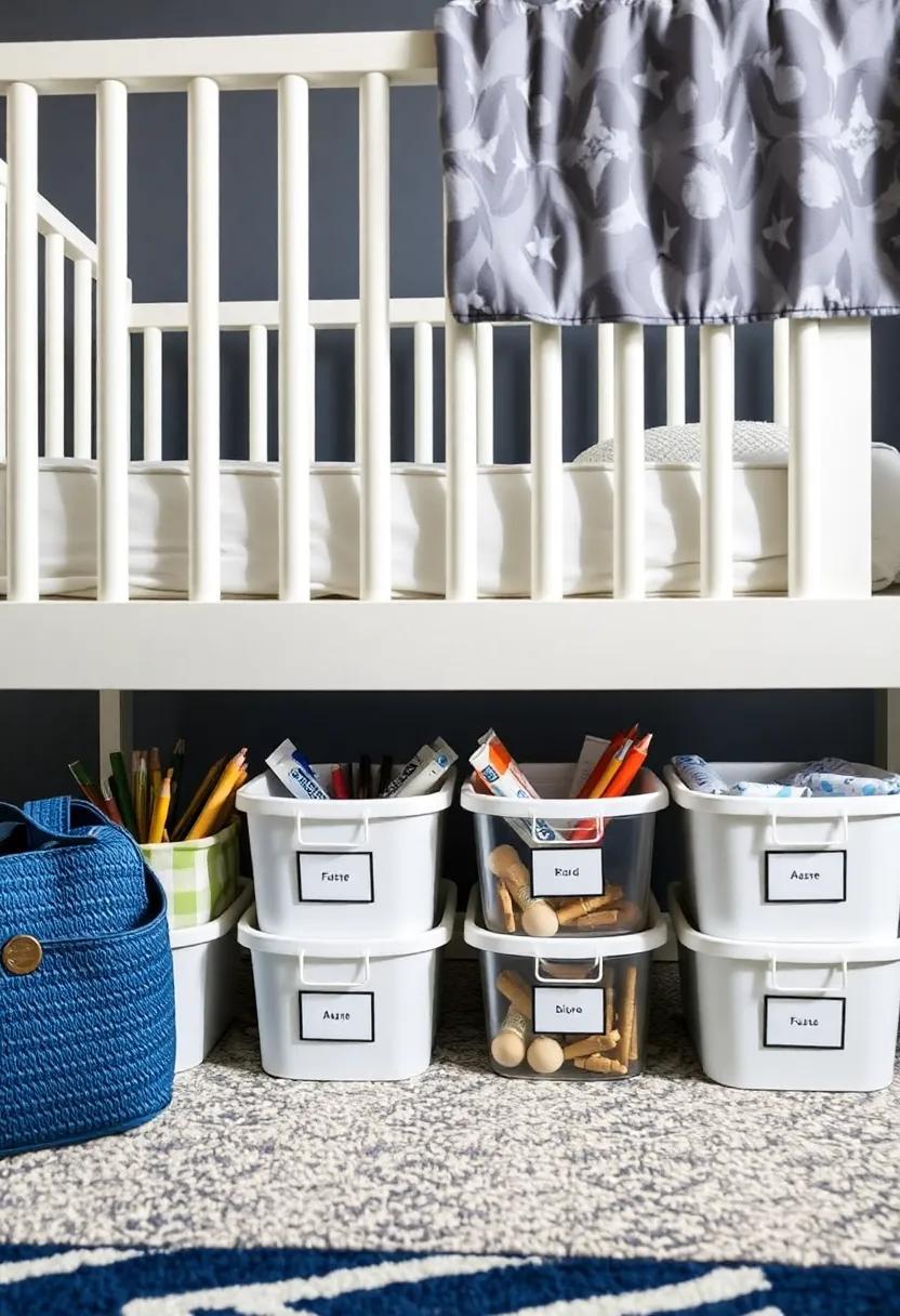 Create a fun and functional art supply center with labeled containers under the crib for creative projects that are easily accessible