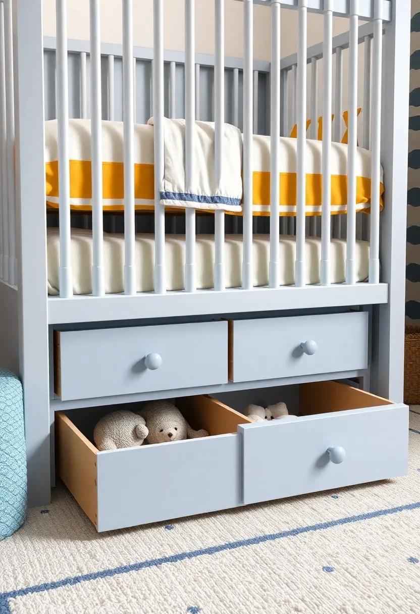 Customize a set of pull-out drawers under the crib, painted in playful colors that match the nursery theme while hiding away essentials