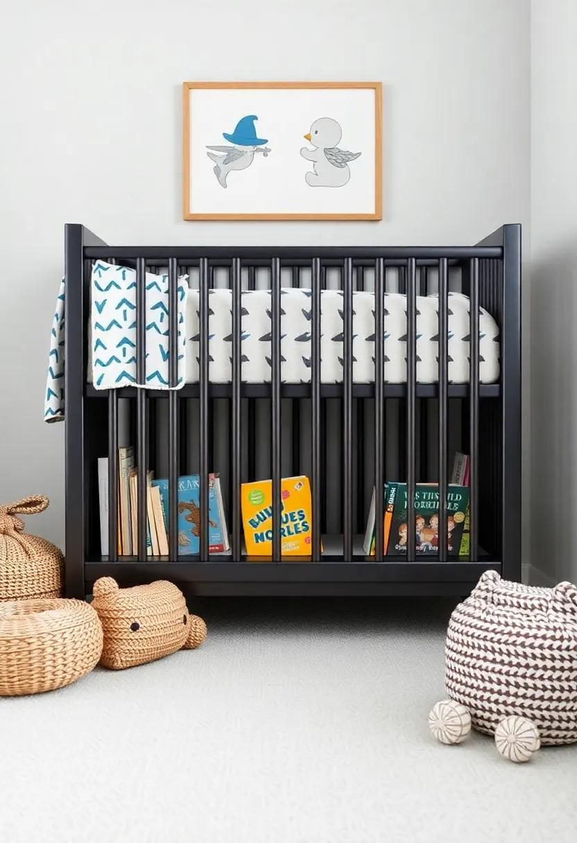 Design a cozy reading nook by incorporating a mini bookshelf under the crib, showcasing children's books in an accessible way