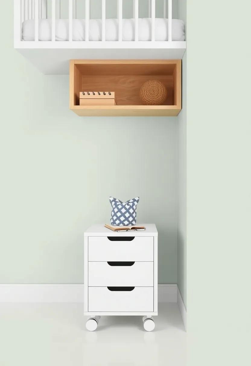 Design an inventive under-crib rolling cart that can be pulled out for playtime, doubling as both a mobile workspace and storage