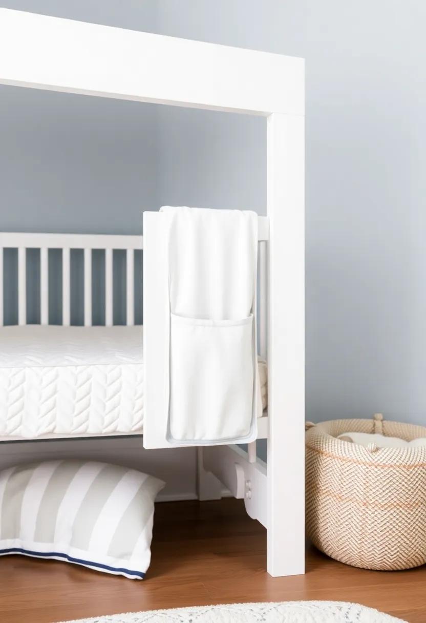Hang a fabric organizer on the side of the crib that can double as under-crib storage for larger items like extra bedding