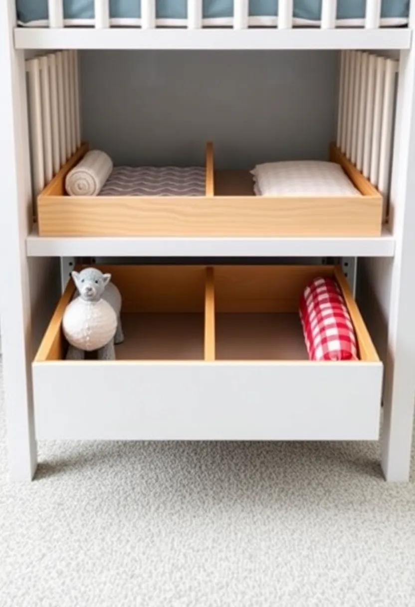 Implement a drawer dividers system that maximizes space under the crib while ensuring items are neat and easy to find