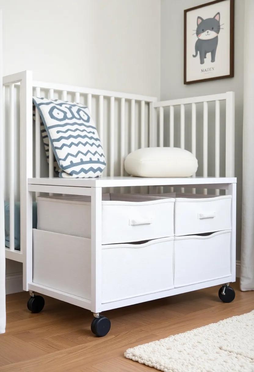Install fabric drawers on a rolling cart that slides under the crib, providing easy access and a pop of color to the nursery