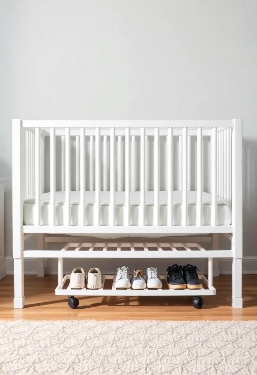 Install a rolling shoe rack under the crib to store shoes and keep them organized, helping establish a routine for getting dressed