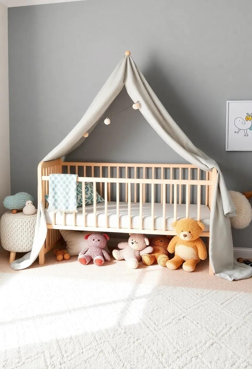Introduce a whimsical under-crib tent that houses storage for soft toys, creating an imaginative space and keeping the nursery tidy