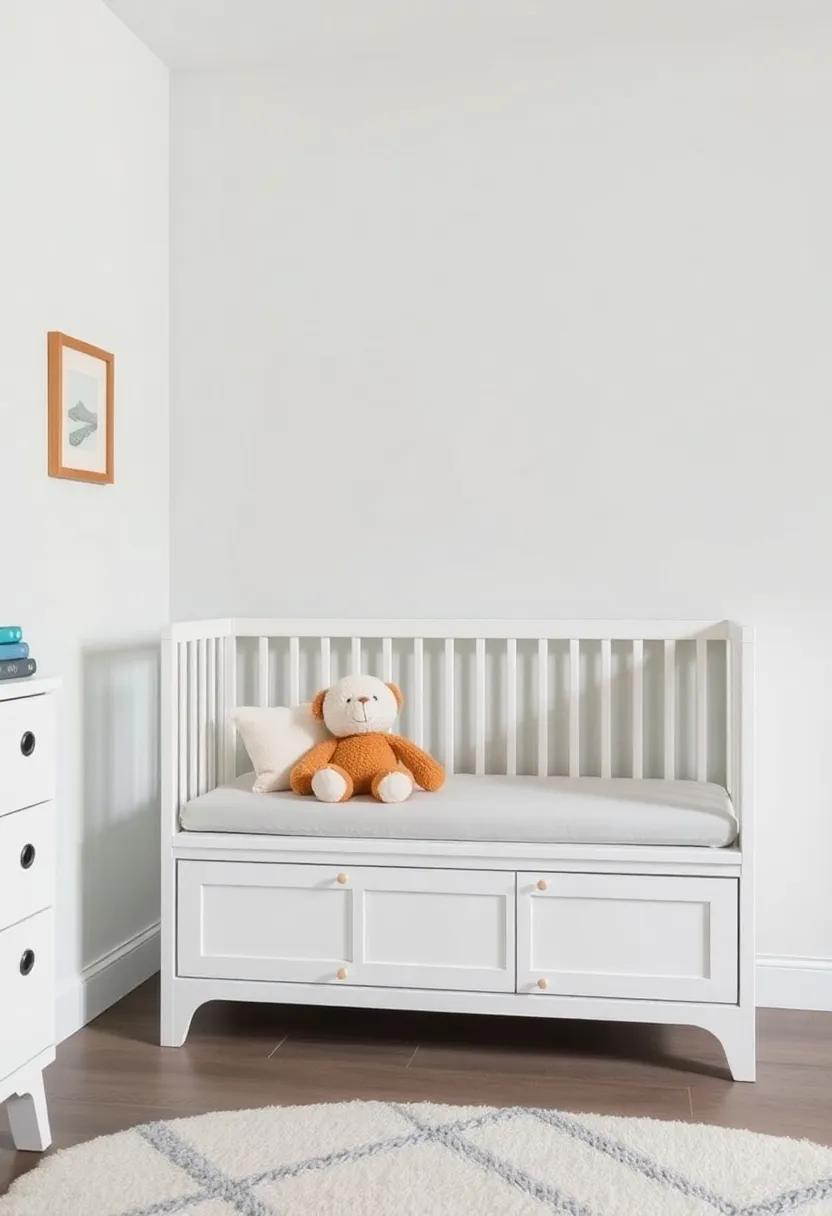 Opt for a low-profile storage bench that fits under the crib, providing seating and storage for toys and plush animals