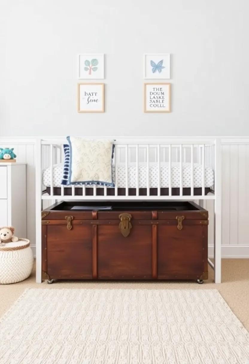 Transform a vintage trunk into a stylish storage chest that fits perfectly under the crib while adding a touch of old-world charm