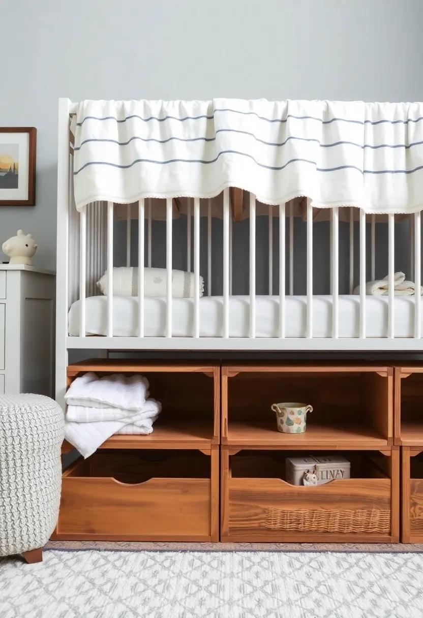 Use repurposed wooden crates stacked beneath the crib for a rustic look, perfect for storing toys and blankets on display