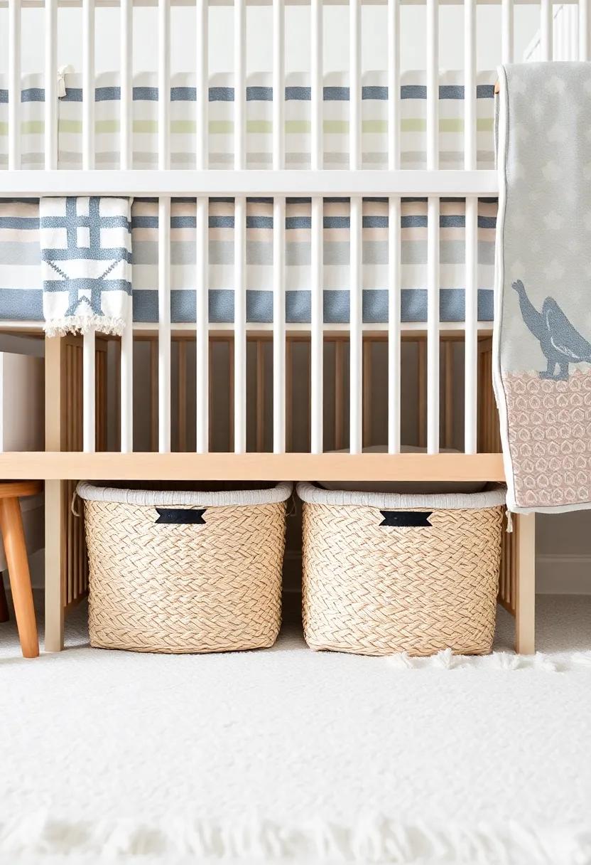 Use storage baskets with lids that slide under the crib, keeping the nursery tidy while offering a chic decorative touch