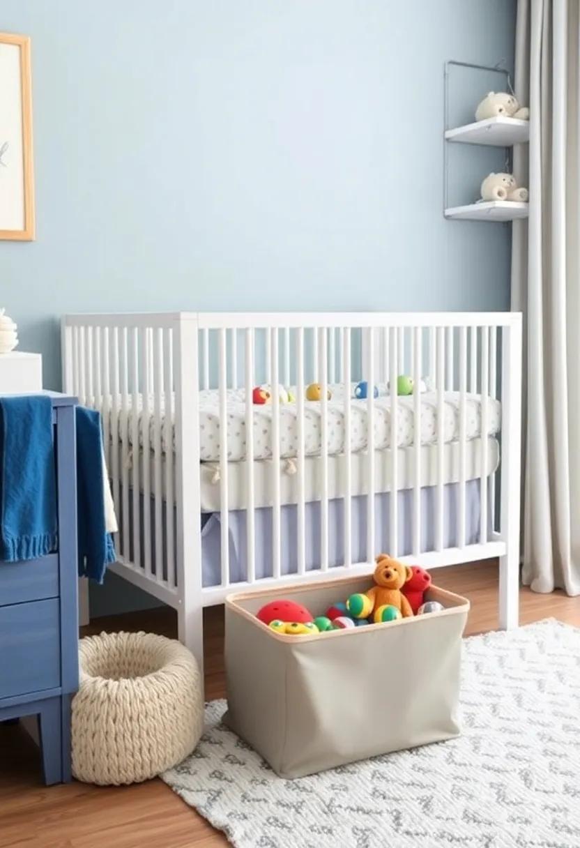 Use a collapsible laundry hamper tucked under the crib to sort and store toys, keeping the space clutter-free and organized