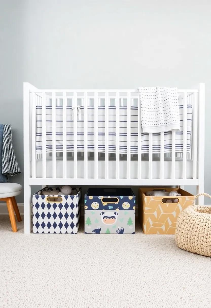 Use themed storage boxes under the crib that align with the nursery's decor, turning functional storage into a fun design element