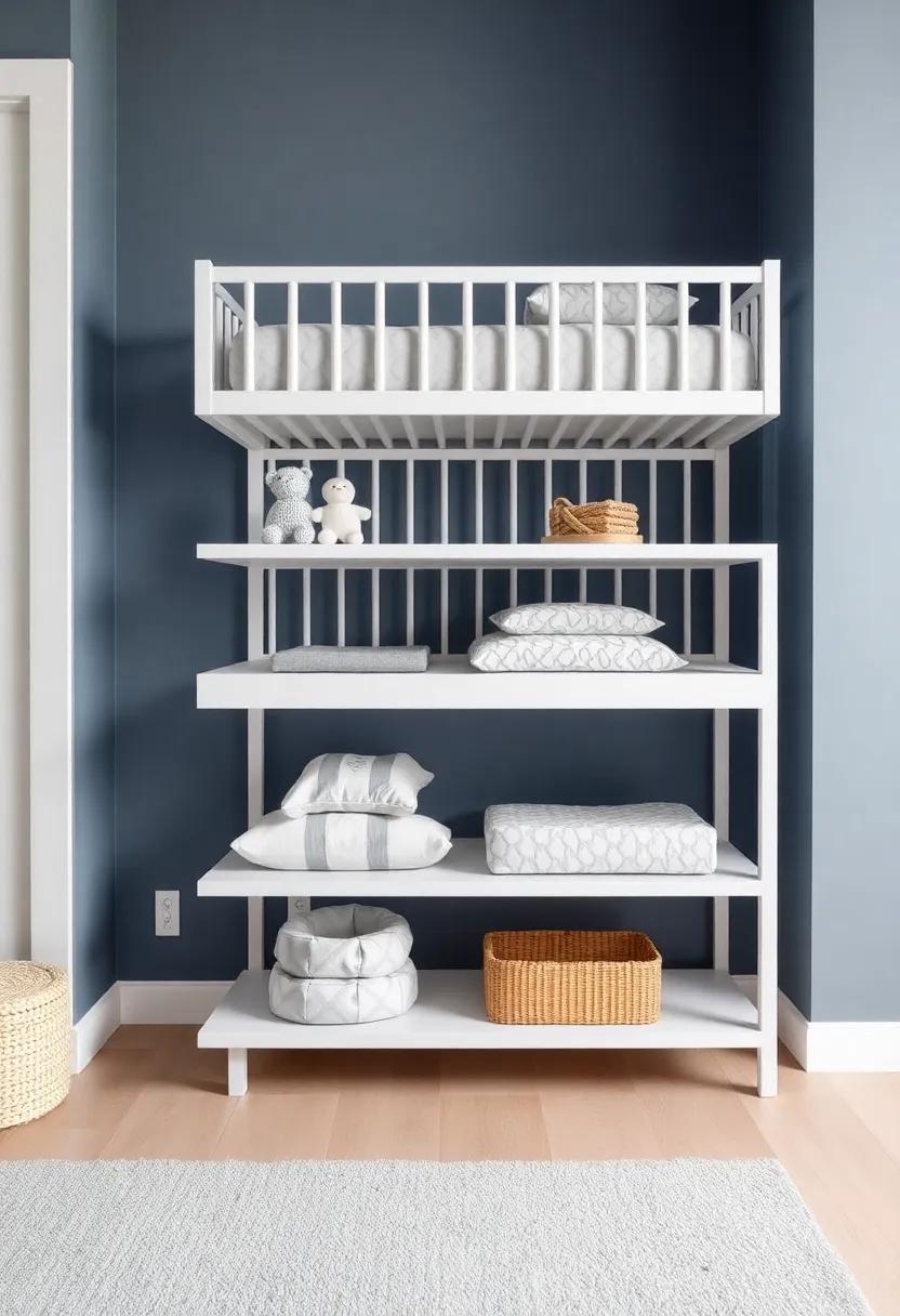 Utilize a slim, multi-tier shelving unit that can slide under the crib for a modern aesthetic while maximizing storage space