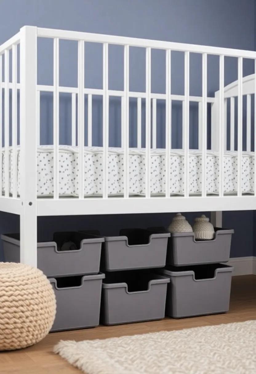 Utilize a stackable bin system under the crib that can grow with your child, perfectly storing items as they transition from toys to clothes