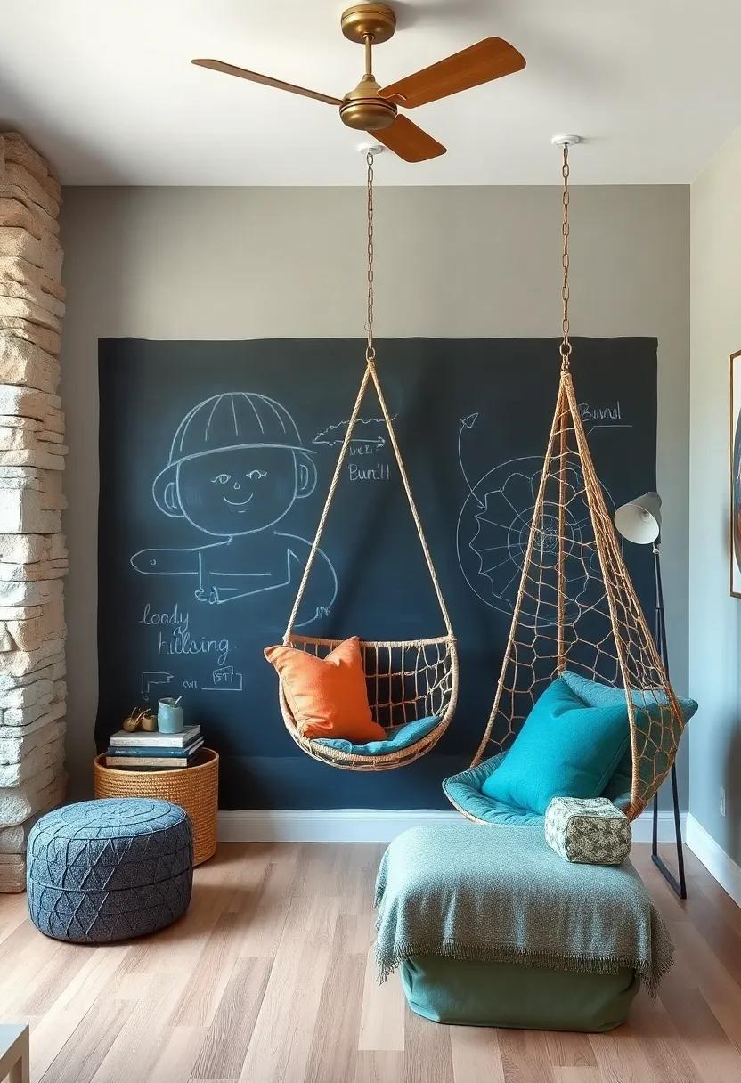 Artistic expression: Position a hanging chair in front of a chalkboard wall, encouraging creative thinking and making it an interactive space