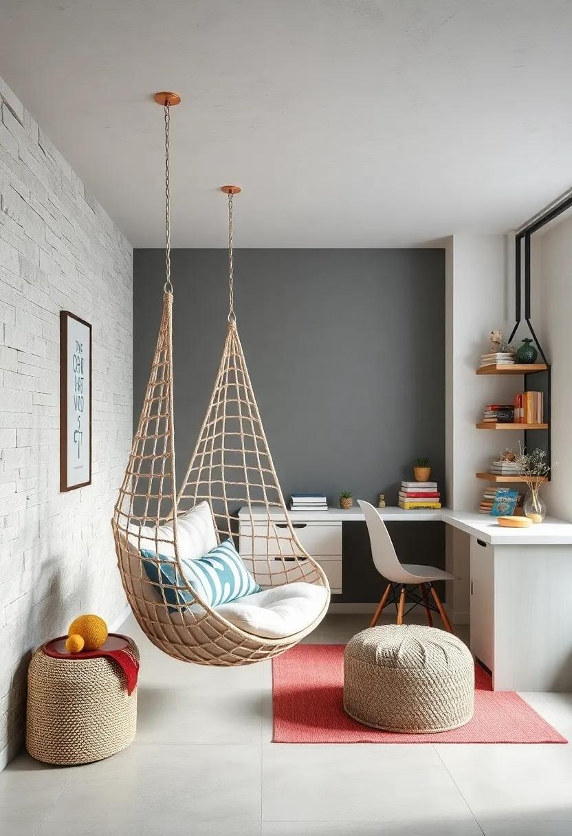 Chic Workspace: Use a designer hanging chair as part of a homework nook, blending style with functionality while keeping the space youthful and inviting