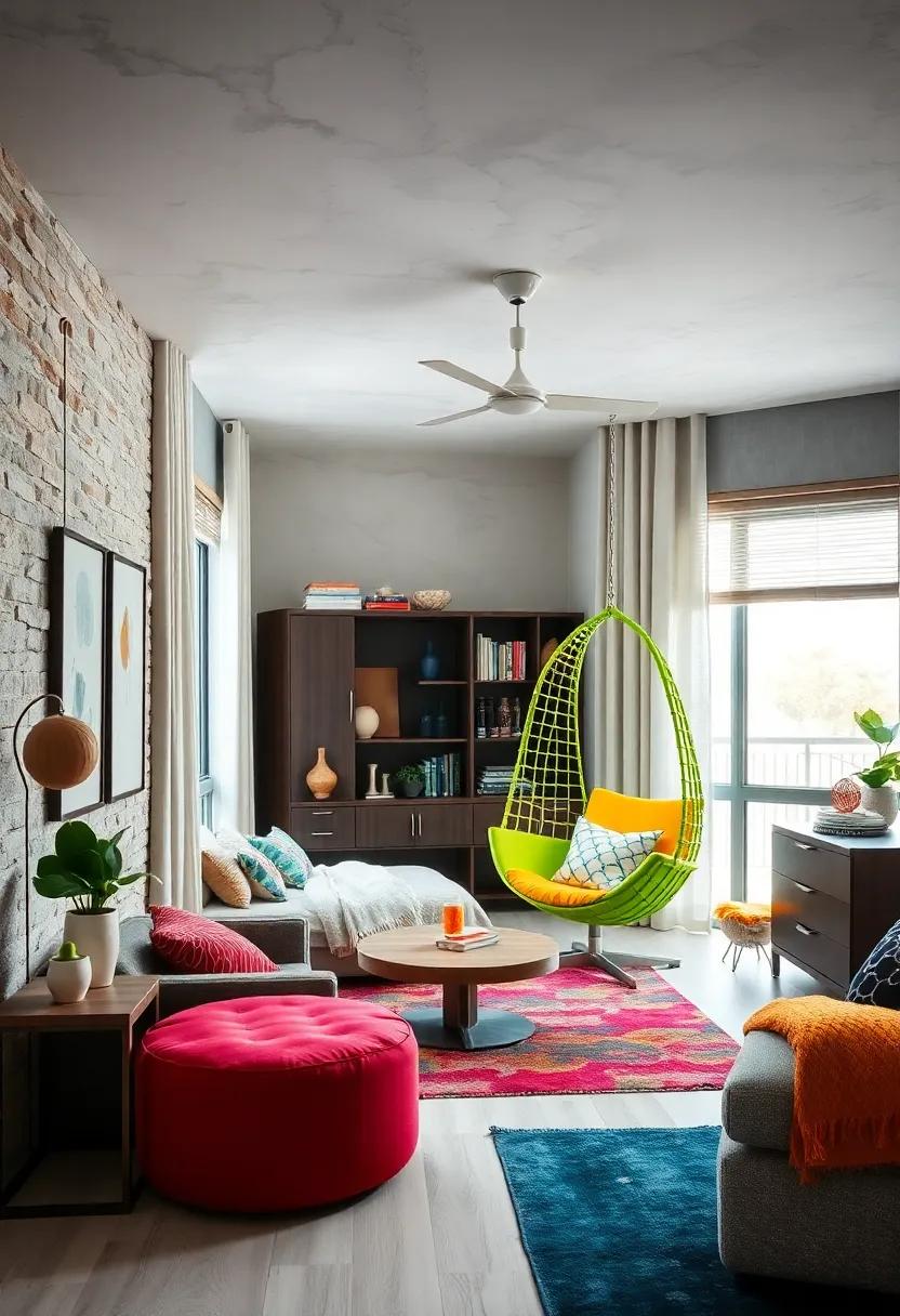 color Pop Fun: Select a hanging chair in a neon hue to add a thrilling pop of color, ensuring the space feels youthful and energetic
