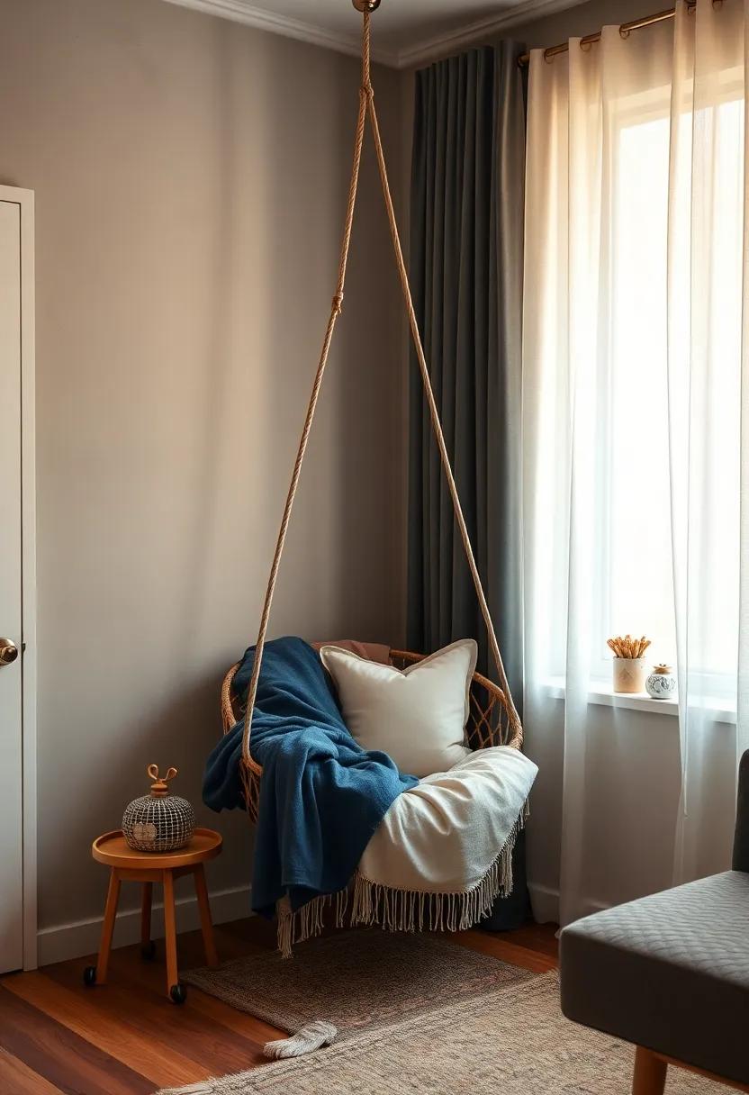 Cozy Corner Nook: Transform a corner of the room with a plush hanging chair draped in soft blankets for a peaceful reading retreat