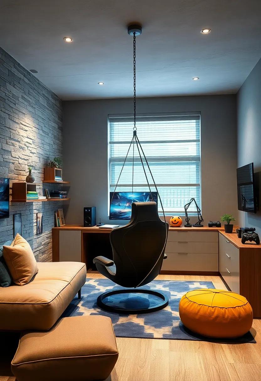 Gaming Command Center: Design a gaming nook with a high-tech hanging chair that enhances comfort during long gaming sessions, all while looking stylish