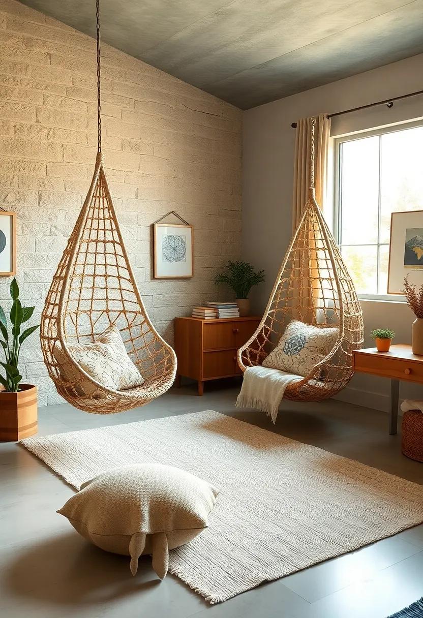 Layered textures: mix textures by pairing a knitted hanging chair with a collection of throw pillows to enhance comfort and visual interest in the room