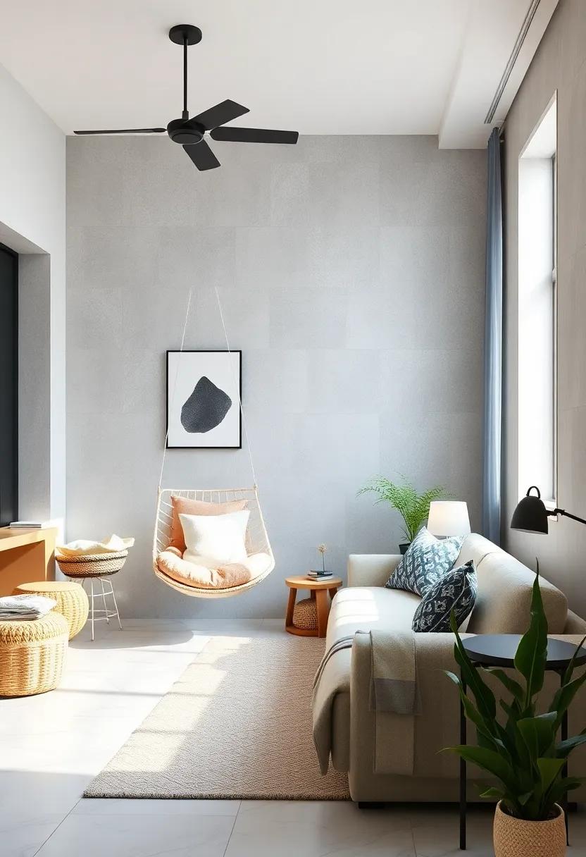 Minimalist Modern: A sleek,minimalistic hanging chair in a monochromatic shade introduces a touch of elegance amid a clean and simple decor theme